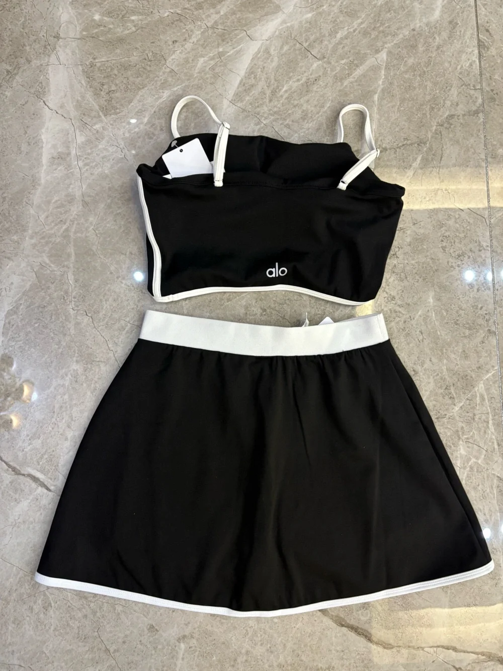 ALO Yoga Black and White Backless Crop Top and Skirt Set - Picture 3 of 5